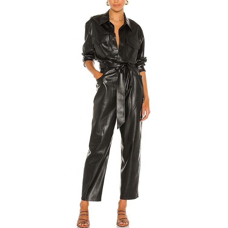 Latest Stylish Fashion Cool Long Sleeves Autumn Winter Faux Leather Solid Black Women One Piece Jumpsuits