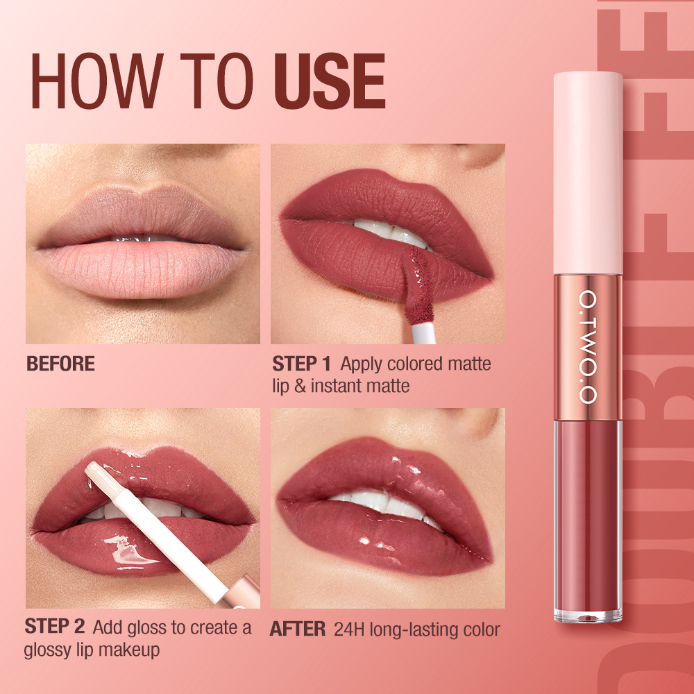 O.TWO.O 2 IN 1 Matte Finish Lip Gloss Glaze Lip Oil Waterproof Long Wear 6 Colors Lip Makeup For Wholes