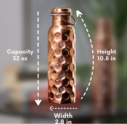 Pure Copper Water Bottle - Leak Proof Joint Less Indian Ayurveda Health Benefit Water Drinking Carafe - Diamond Finish - 950 ML