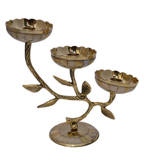 HAND CRAFTED METAL BRASS CANDLE STAND WITH SHELL MOTHER OF PEARL Candle Stand Floor for Restaurant Handmade Home Decora