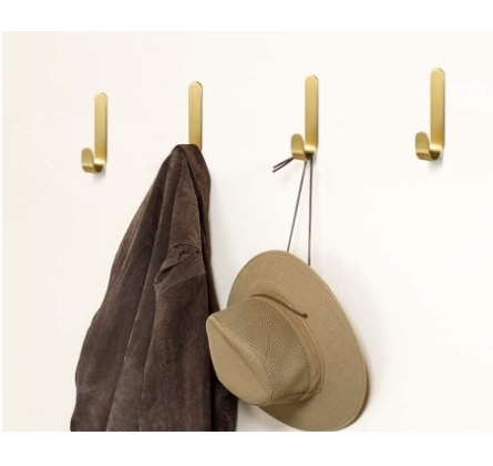 4 Pack Brass Hooks, L-Shaped Towel Robe Hook on Wall Door, Self-Adhesive Holders for Hanging Coat Hat for Kitchen Bathroom