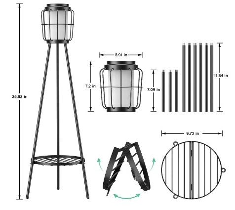 Black Metal Solar Floor Lamps Outdoor with Plant Stand, 2 Pack Waterproof Solar Lantern Lights for Patio Deck Yard Garden Porch