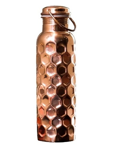 Pure Copper Water Bottle - Leak Proof Joint Less Indian Ayurveda Health Benefit Water Drinking Carafe - Diamond Finish - 950 ML