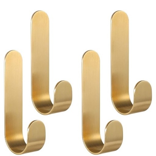 4 Pack Brass Hooks, L-Shaped Towel Robe Hook on Wall Door, Self-Adhesive Holders for Hanging Coat Hat for Kitchen Bathroom