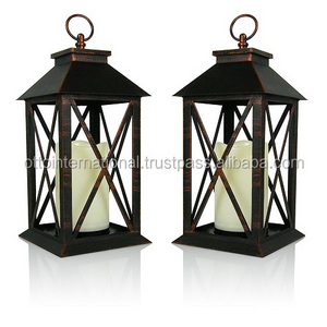 Banberry Designs Decorative Lanterns - Set of 2 Brushed Brass Candle Lanterns with a Flameless LED Pillar Candle and 5 Hour Time