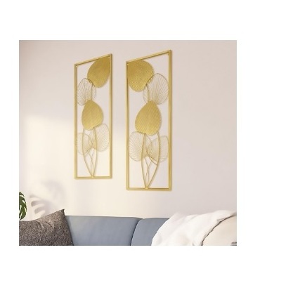 2 Golden Metal Art Wall Sculptures Ruffled Fan Palm Leaf Wall Hanging Decors with Frame for Living Room Bedroom