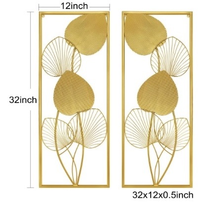 2 Golden Metal Art Wall Sculptures Ruffled Fan Palm Leaf Wall Hanging Decors with Frame for Living Room Bedroom