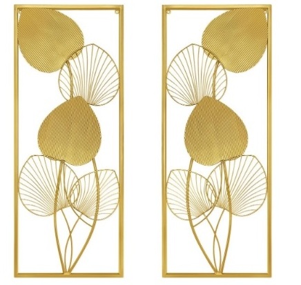 2 Golden Metal Art Wall Sculptures Ruffled Fan Palm Leaf Wall Hanging Decors with Frame for Living Room Bedroom