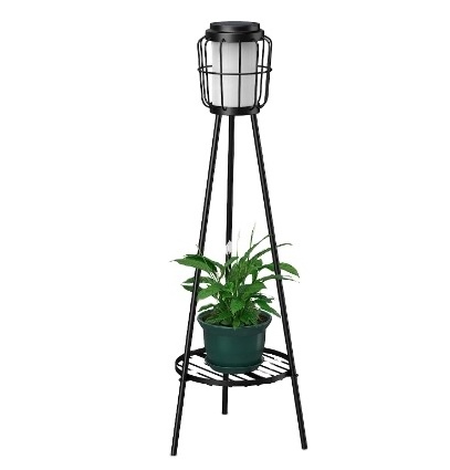 Black Metal Solar Floor Lamps Outdoor with Plant Stand, 2 Pack Waterproof Solar Lantern Lights for Patio Deck Yard Garden Porch