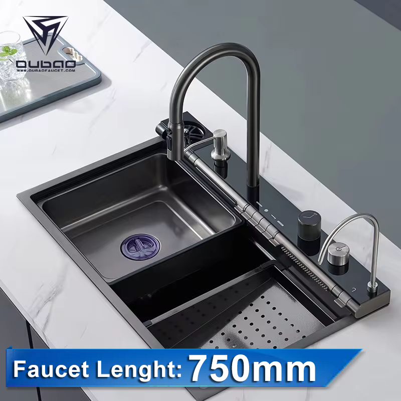 Complete Whole Set Digital Display Pull Out Waterfall Faucet Sink Gun Grey Multifunctional Stainless Steel Kitchen Sink