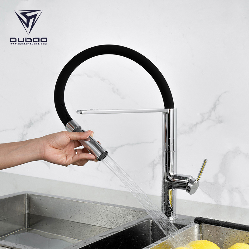 New Design Pull Out Single Lever Deck Mounted Goose Neck Silicon Spout Brass Kitchen Faucet