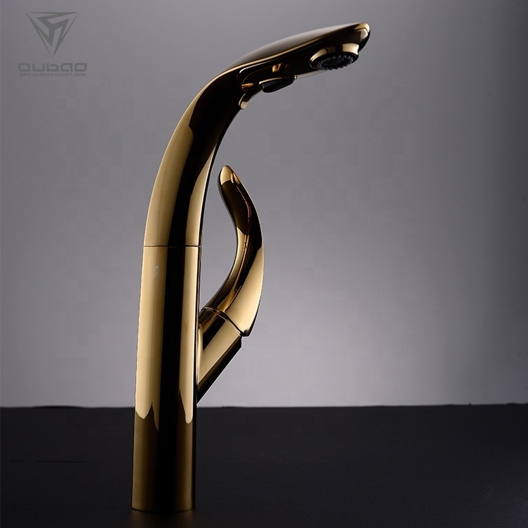 High Quality Modern Gold Plated Single Handle Pull Out Kitchen Faucet