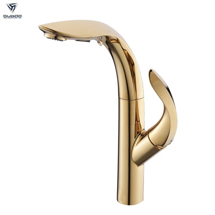 High Quality Modern Gold Plated Single Handle Pull Out Kitchen Faucet