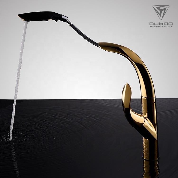 High Quality Modern Gold Plated Single Handle Pull Out Kitchen Faucet