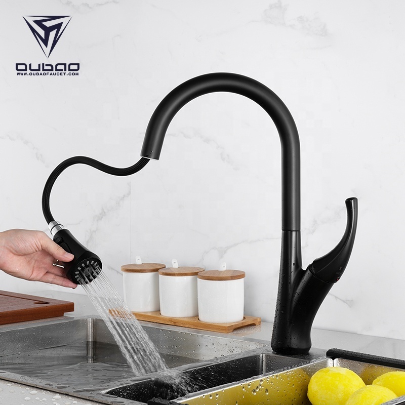 New Modern Style Single Handle Black Swan Neck Kitchen Sink Faucets With Pull Out Sprayer