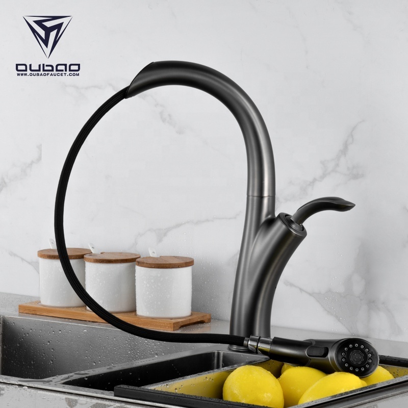 OUBAO Fashion Design Gun Black Kitchen Pull Out Spray Mixer Sensor Tap Faucet