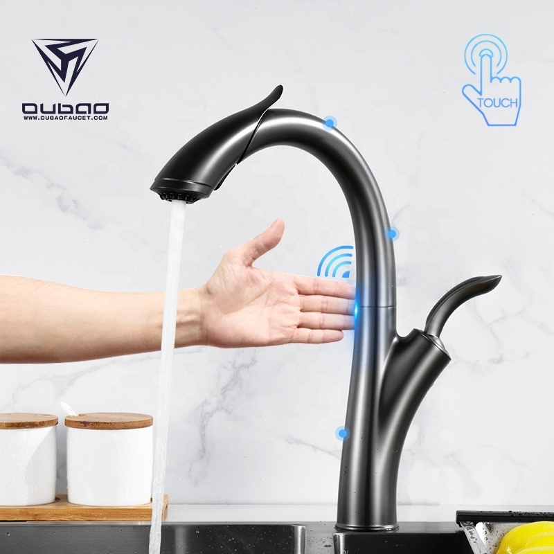 OUBAO Fashion Design Gun Black Kitchen Pull Out Spray Mixer Sensor Tap Faucet