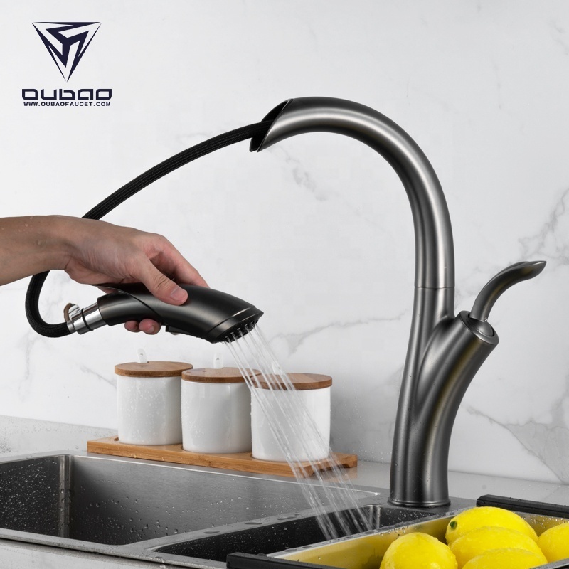 OUBAO Fashion Design Gun Black Kitchen Pull Out Spray Mixer Sensor Tap Faucet