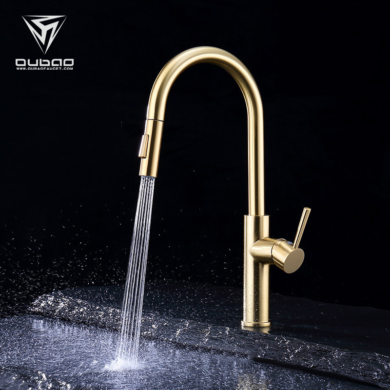 Brass Water Tap One Handle Pulldown Kitchen Faucet With Golden Finishing