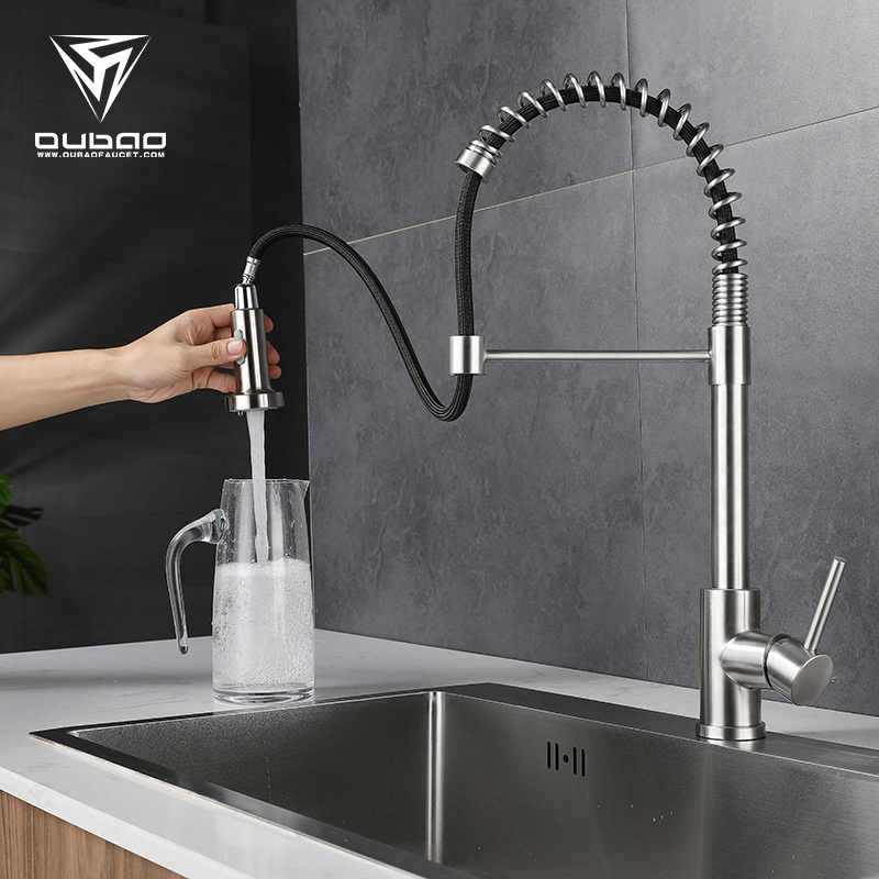 Oubao China Factory Brushed Nickel Pull Out Down Spring 304 Stainless steel Kitchen Faucet