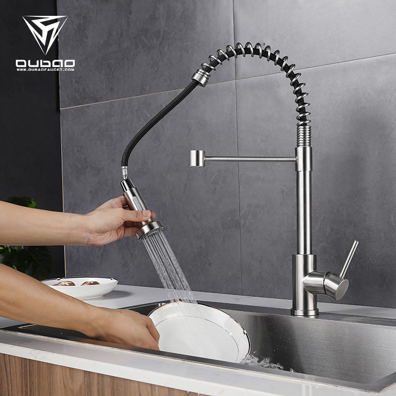 Oubao China Factory Brushed Nickel Pull Out Down Spring 304 Stainless steel Kitchen Faucet