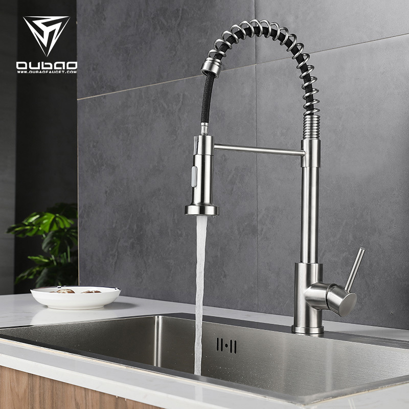 Oubao China Factory Brushed Nickel Pull Out Down Spring 304 Stainless steel Kitchen Faucet