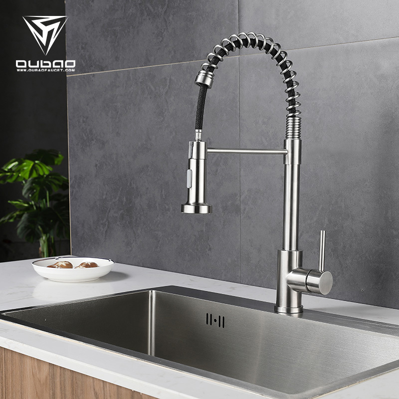 Oubao China Factory Brushed Nickel Pull Out Down Spring 304 Stainless steel Kitchen Faucet