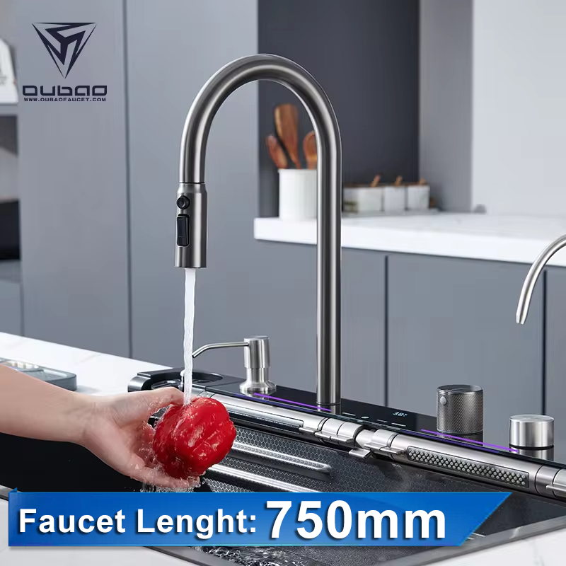 Complete Whole Set Digital Display Pull Out Waterfall Faucet Sink Gun Grey Multifunctional Stainless Steel Kitchen Sink