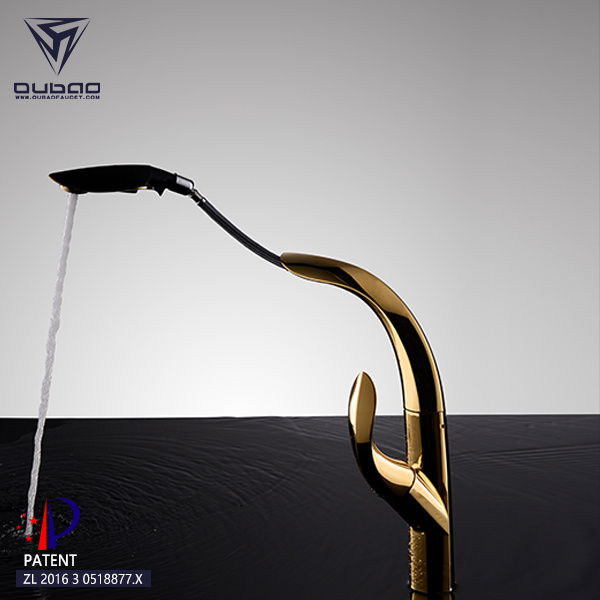 OUBAO design Patent Modern Pull Out Golden Gold Kitchen Faucets