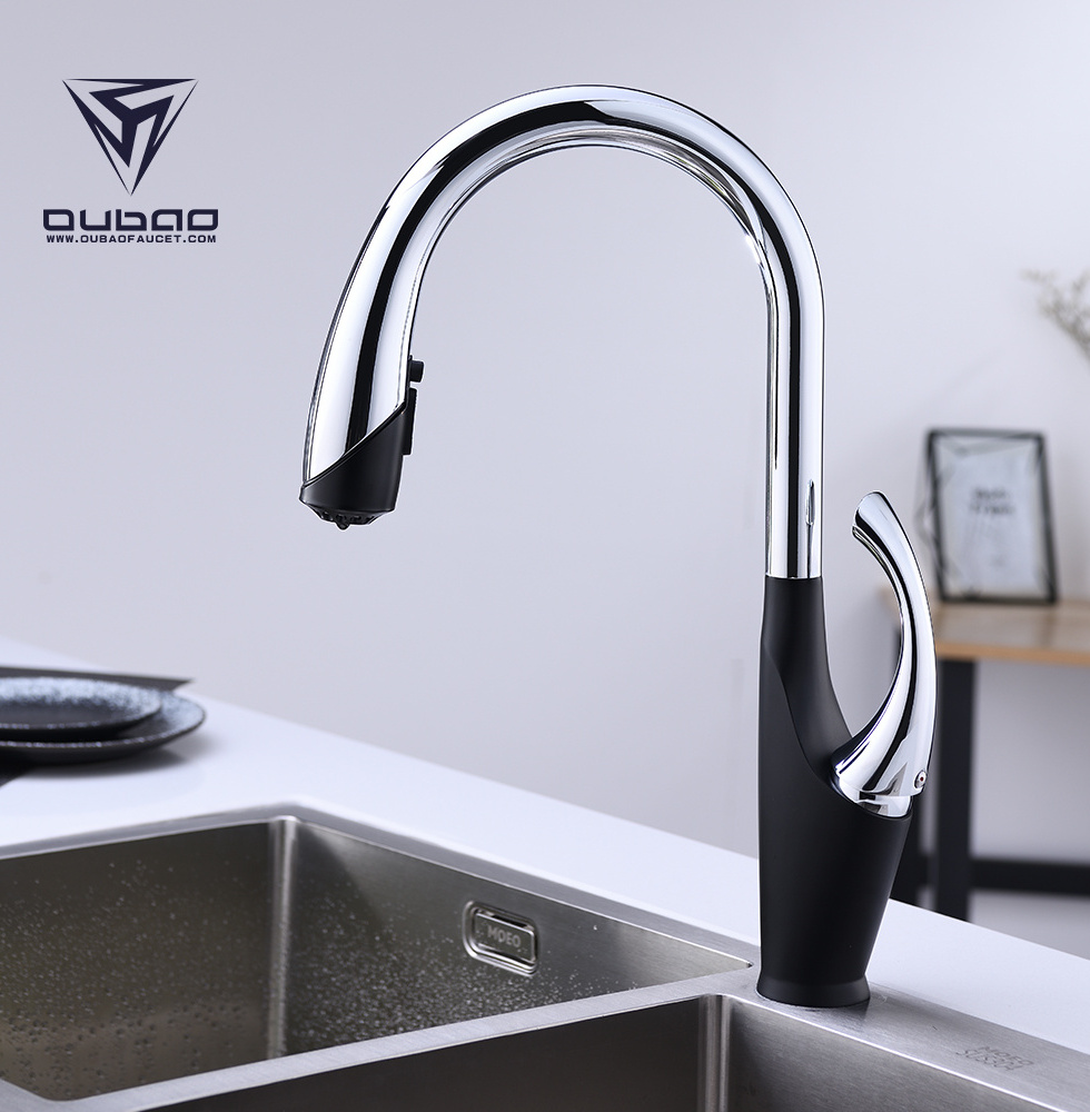 Single Handle Chrome And Black High Arc Pull Down Kitchen Faucet