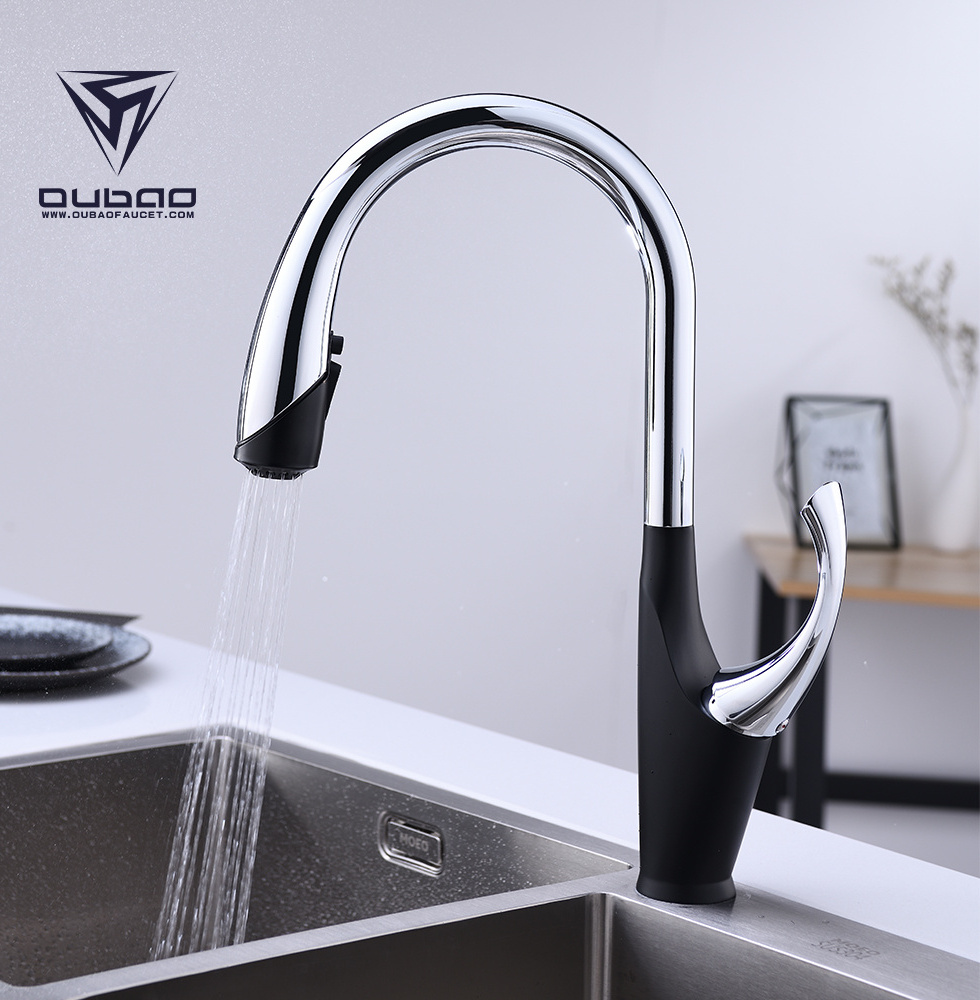 Single Handle Chrome And Black High Arc Pull Down Kitchen Faucet