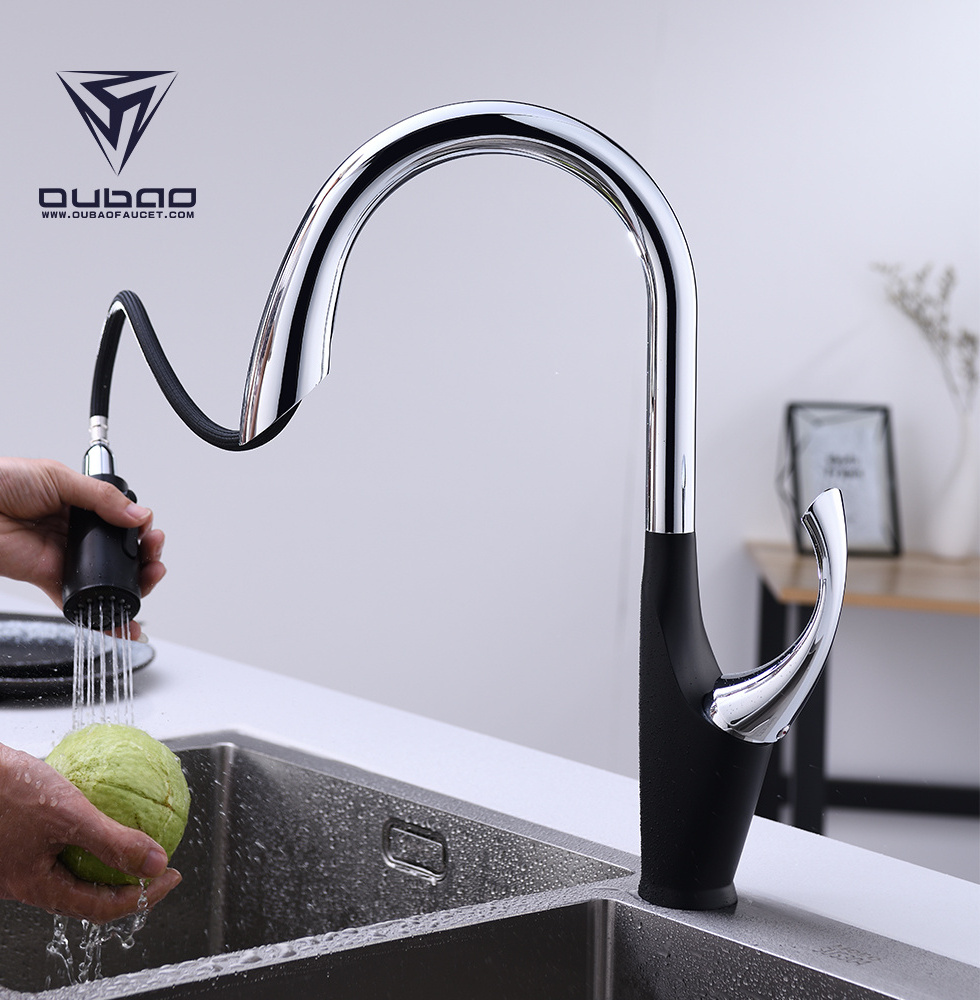 Single Handle Chrome And Black High Arc Pull Down Kitchen Faucet