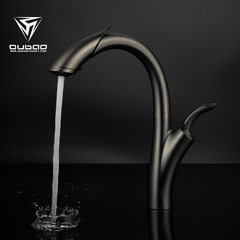 OUBAO New Products Pull down Sprayer Gun Black Kitchen Sink Taps Mixer Faucets