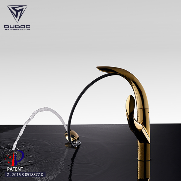 OUBAO design Patent Modern Pull Out Golden Gold Kitchen Faucets