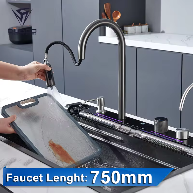 Complete Whole Set Digital Display Pull Out Waterfall Faucet Sink Gun Grey Multifunctional Stainless Steel Kitchen Sink