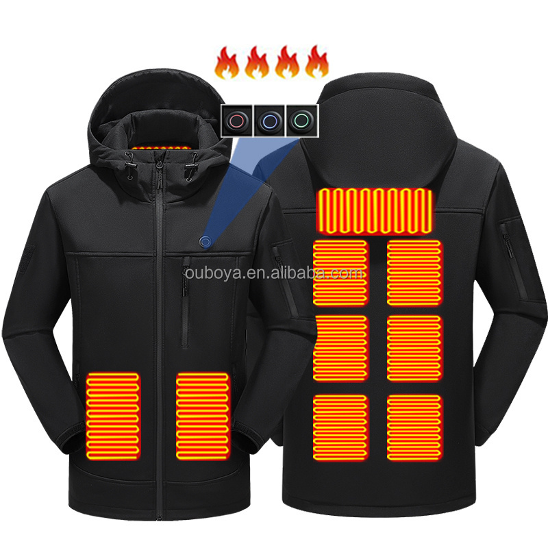 Custom Logo Winter Black Windbreaker Heating clothes Wholesale Softshell Heated Coat With Hood Heated Hunting Jacket For Men