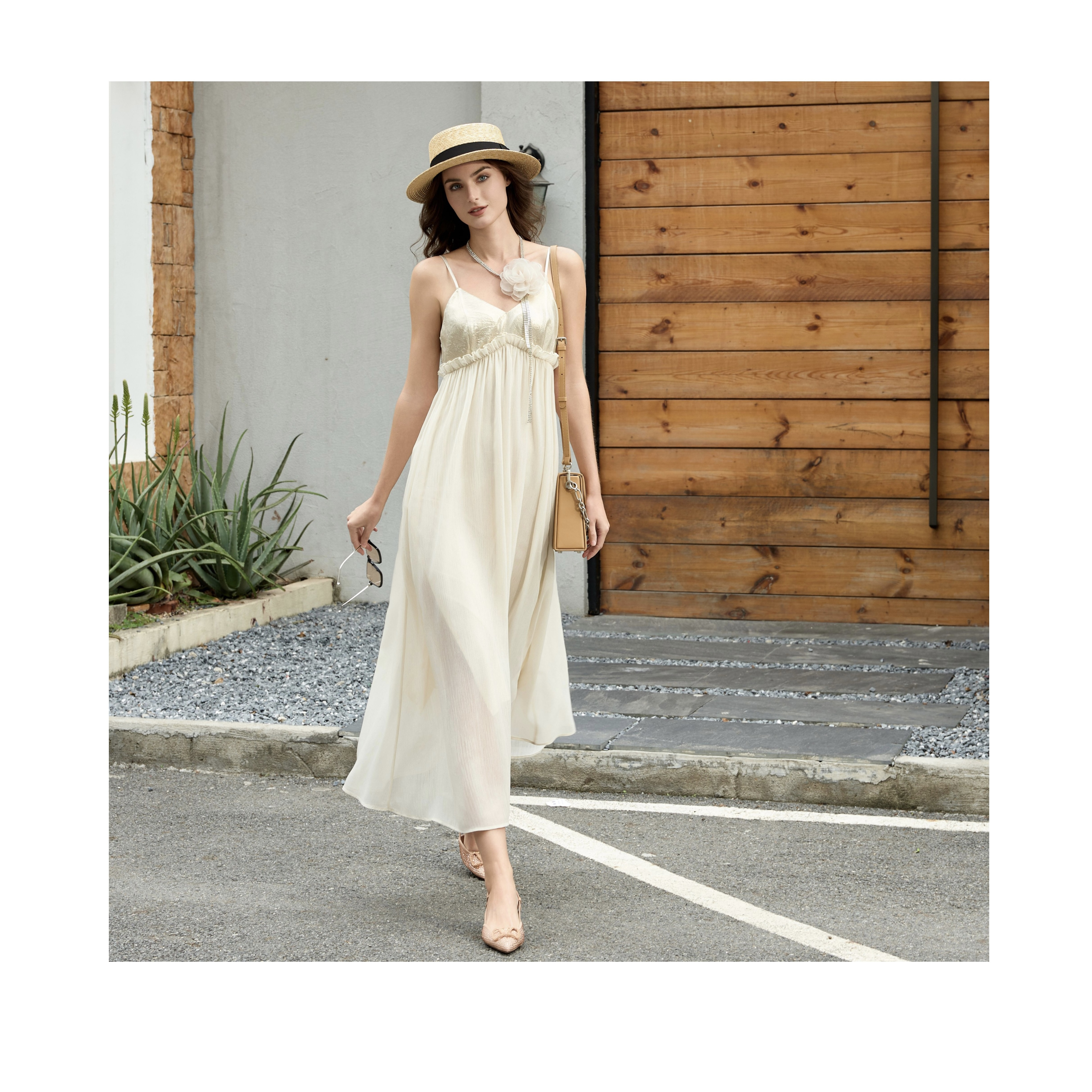 Women's Elegant Thin Shoulder Strap High Waist Mid length Silk Dress Pleated V-neck Party Cocktail Evening A-line Sexy Dress