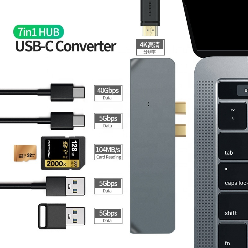 USB C 7 in 1 USB Hub HD MI 4K USB 3.0 SD TF mic SD card reader Dual Type-C PD fast charger hub adapter for macbook pro