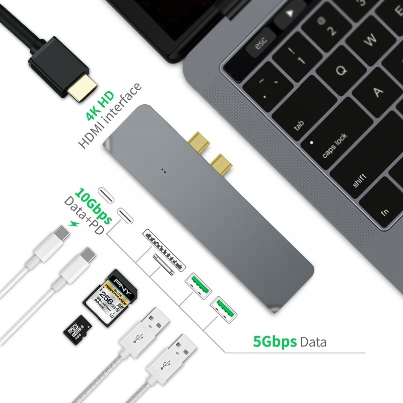 USB C 7 in 1 USB Hub HD MI 4K USB 3.0 SD TF mic SD card reader Dual Type-C PD fast charger hub adapter for macbook pro