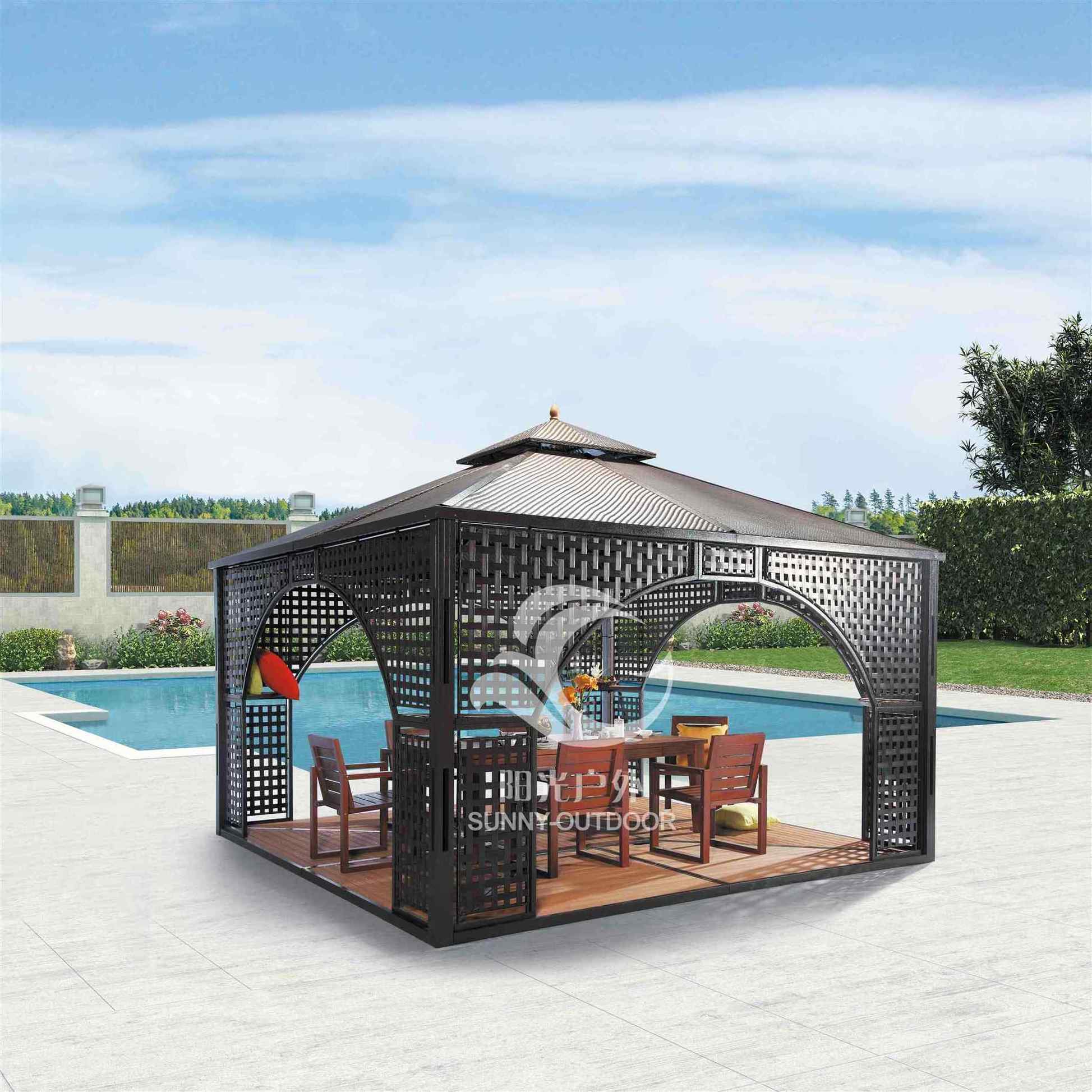 2022 Hot Sale new item 400*400 Double tops rattan gazebo with floor gazebo house outdoor party tent waterproof canopy gazebo