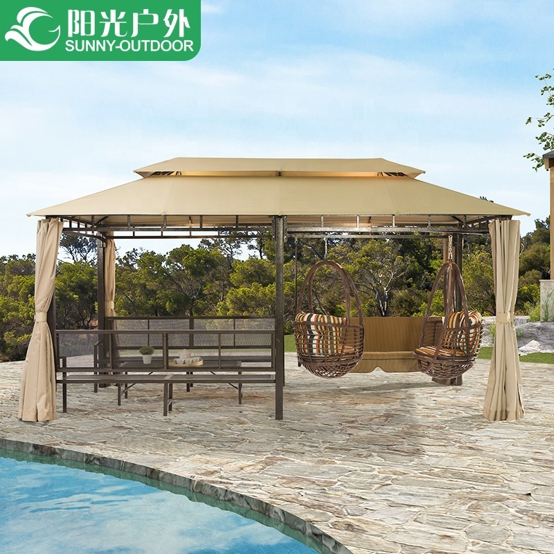 4.92*2.5m Multifunction Gazebo with Swing Bed and Bench All in one Gazebo Garden Furniture