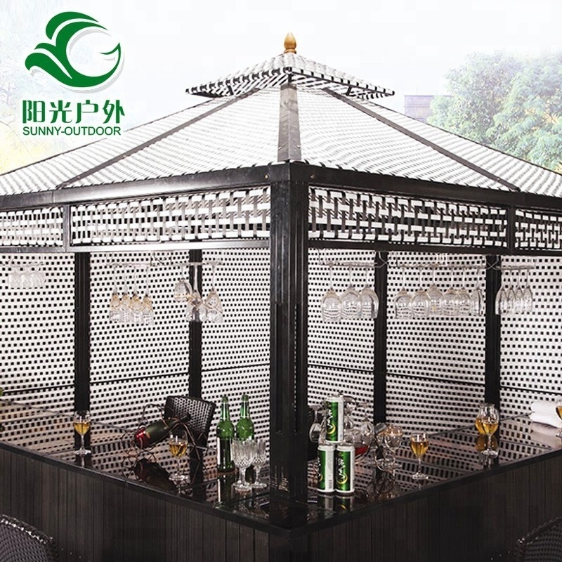 outdoor pavilion 3x3m Poly Rattan Gazebo Water Resistant Plastic Wood Floor  Garden Wrought Iron Gazebo