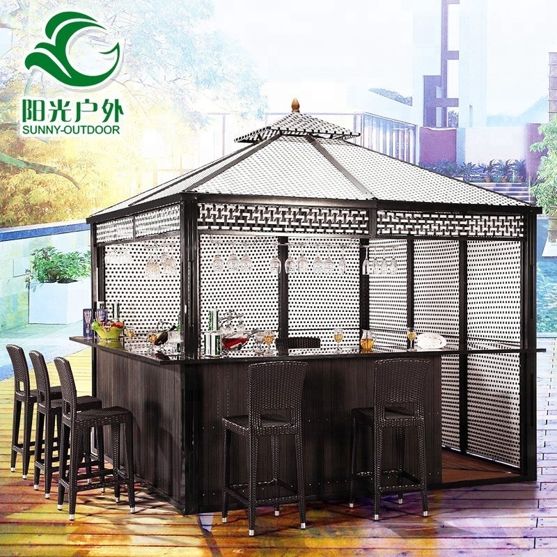 outdoor pavilion 3x3m Poly Rattan Gazebo Water Resistant Plastic Wood Floor  Garden Wrought Iron Gazebo