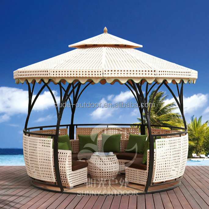 Rattan gazebo with PE rattan cover iron frame polyester fabric WPC floor