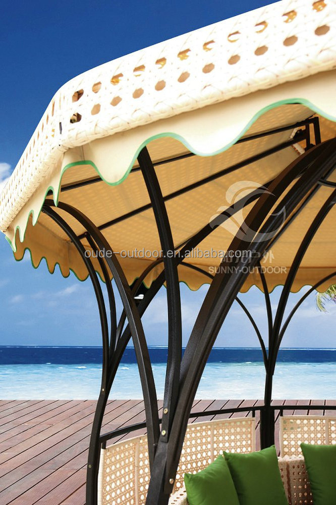 Rattan gazebo with PE rattan cover iron frame polyester fabric WPC floor