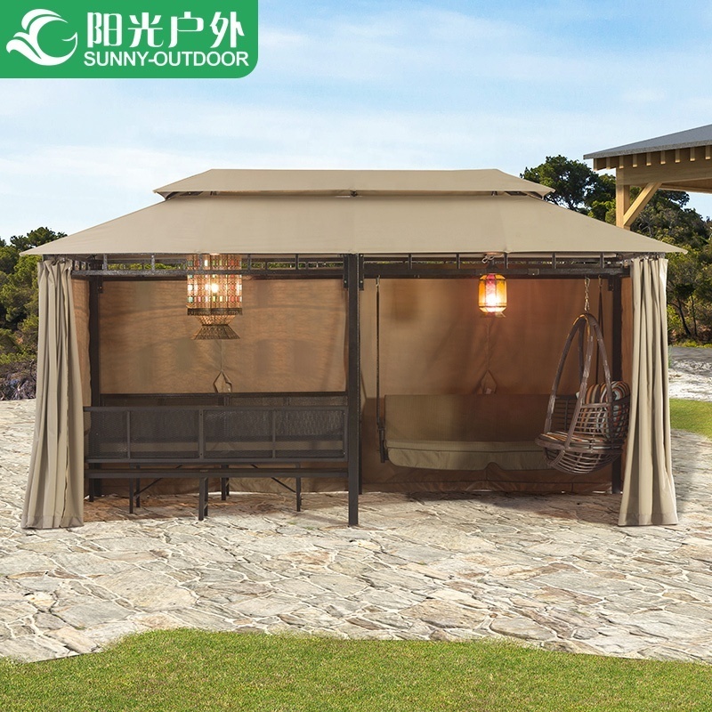 4.92*2.5m Multifunction Gazebo with Swing Bed and Bench All in one Gazebo Garden Furniture