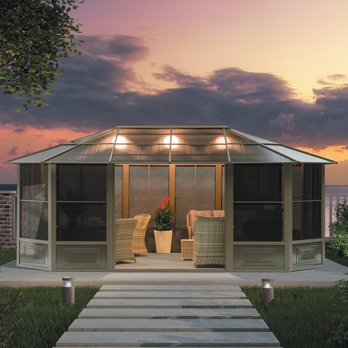 Outdoor Aluminum House Gazebo with Sliding Doors 370*550 CM