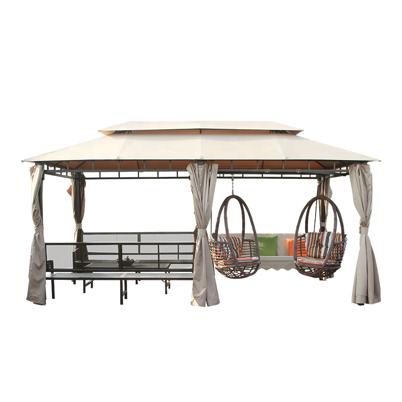 4.92*2.5m Multifunction Gazebo with Swing Bed and Bench All in one Gazebo Garden Furniture