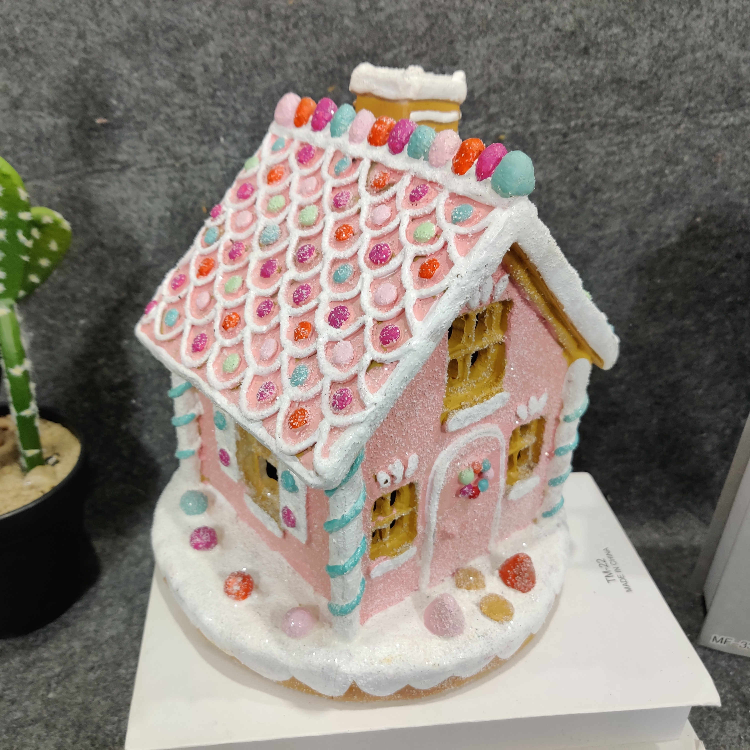 Lighted Pink Gingerbread House Christmas Decorations Ornaments Gifts House Figurines Resin Home Decor