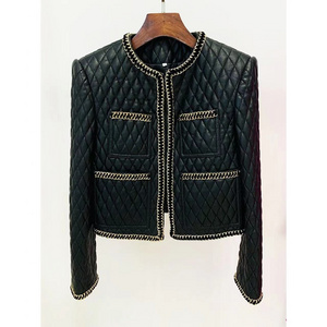 OUDINA 2023 European And American Leather Jacket Stylish Heavy Industry Chain Trim Rhombus Cardigan Women Coat